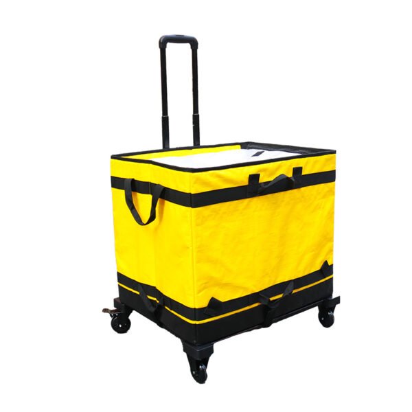 Yellow Parcel Sorter Bags with Integrated Mesh Cargo Pocket and Rolling Dolly Trolley Heavy Duty Moving Carrier for Warehouse Logistics Cage Collapsible Distribution Sacks with Tie-Down Straps for E-commerce Fleet Manifests