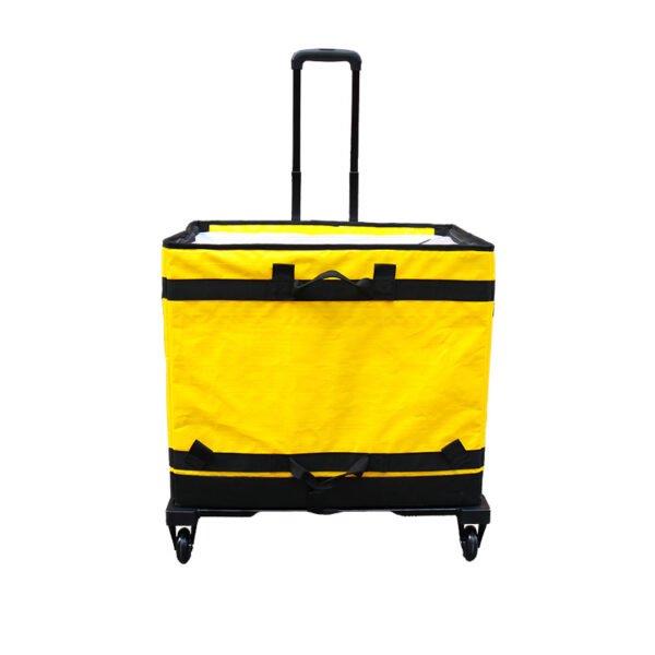 Yellow Parcel Sorter Bags with Integrated Mesh Cargo Pocket and Rolling Dolly Trolley Heavy Duty Moving Carrier for Warehouse Logistics Cage Collapsible Distribution Sacks with Tie-Down Straps for E-commerce Fleet Manifests